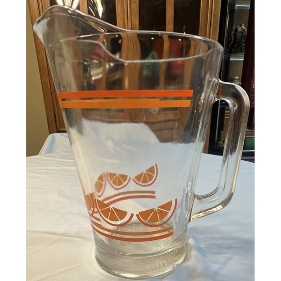 Unmarked Other - Vintage Clear Glass Pitcher Orange Citrus Slice Stripes Retro Juice Carafe 8in